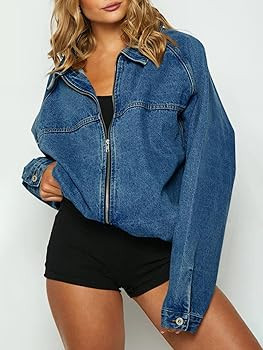 Tankaneo Womens Oversized Denim Jackets Casual Zip up Spring Long Sleeve Jean Jacket with Pocket | Amazon (US)