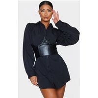 Black Faux Leather Corset Detail Shirt Dress | PrettyLittleThing US