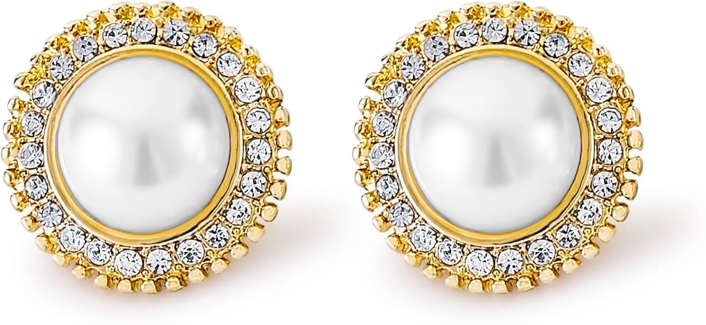 Pera Jewelry 14K Gold Plated Freshwater Cultured Pearl Earrings, Round Rhinestone Pearl Stud Earr... | Amazon (US)