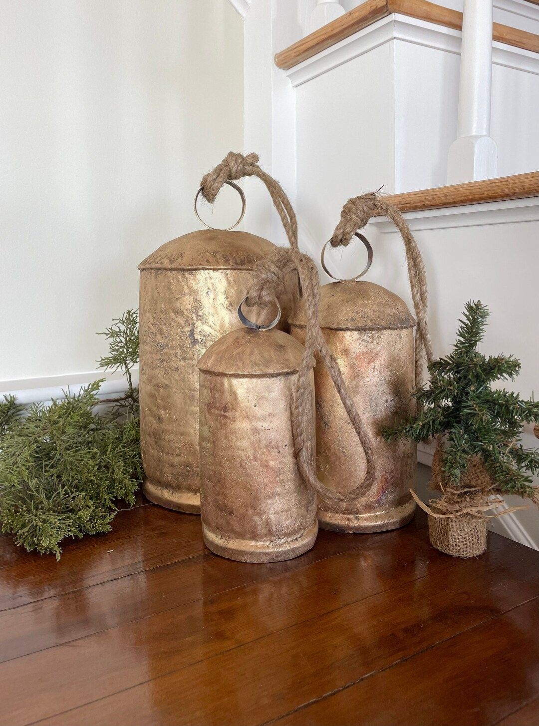 Yuletide Bells Set of 3 Large Rustic Gold Bells With Rope - Etsy | Etsy (US)