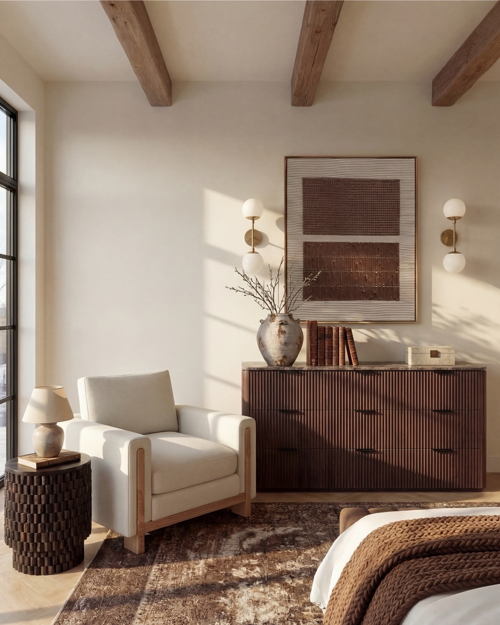 Shop the look:
* White upholstered bed
* Brown upholstered bench 
* Brown dark wood nightstand
* White and brown terracotta vase
* White ivory lamp
* Brown traditional rug
* Brown throw pillow 
* Brown knitted blanket
* Globe wall sconce
* Globe pendant light
* Brass decor
* Jewellery bowl 
* Brown wood ribbed dresser
* Brown wood round end table 
* Wood upholstered accent chair 
* Brown floral wall art
* Decor books 
* Brass faucet 
* Brass gold decoraitive mirror

#LTKsale #LTKhome #LTKstyletip