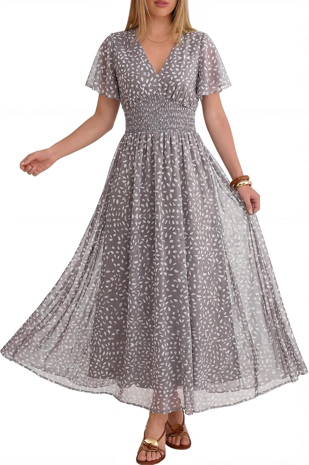 ANRABESS Women's Floral Tulle Wedding Guest Short Sleeve Maxi Dress | Amazon (US)
