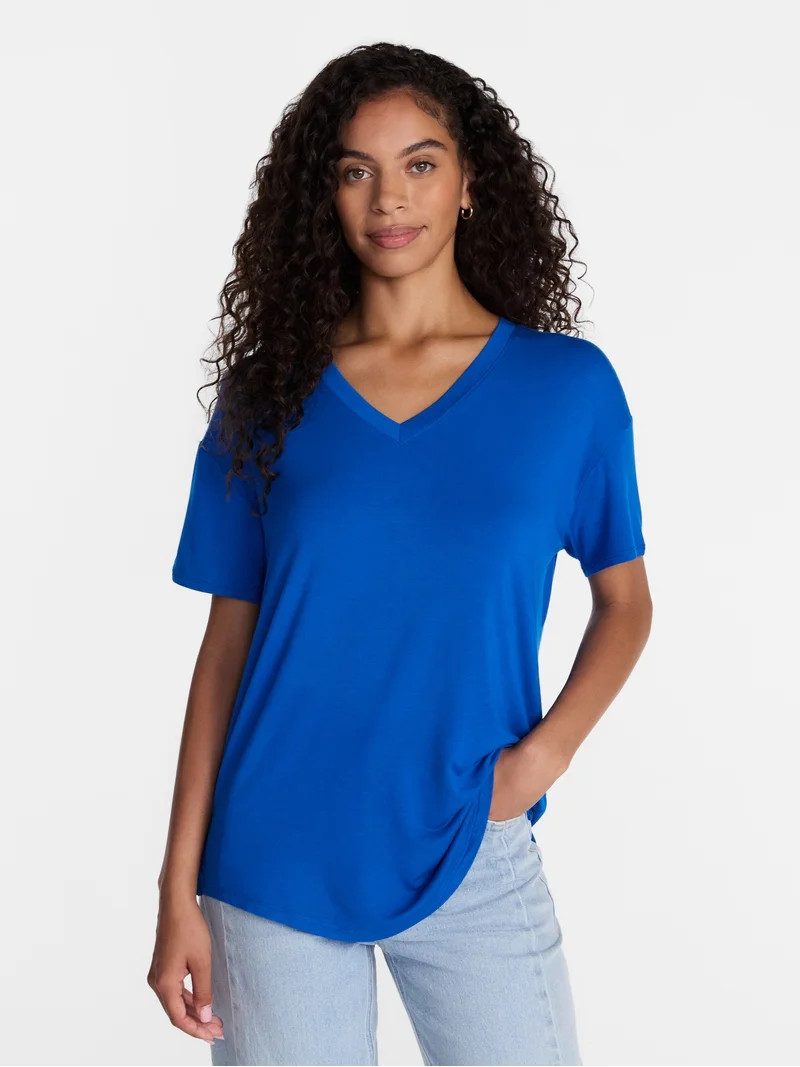 Time and Tru Women's V-Neck Tunic Tee with Short Sleeves, Sizes XS-XXXL | Walmart (US)