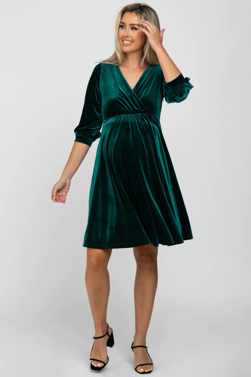 Green Velvet Wrap Front Babydoll Maternity Dress | PinkBlush Maternity