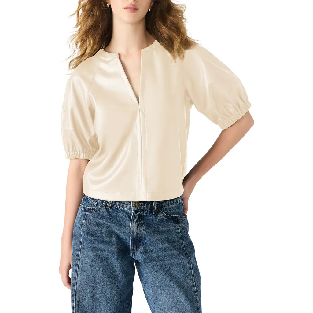 Steve Madden Roxanne Short Sleeve Faux Leather Top in Bone at Nordstrom Rack, Size Medium | Nordstrom Rack