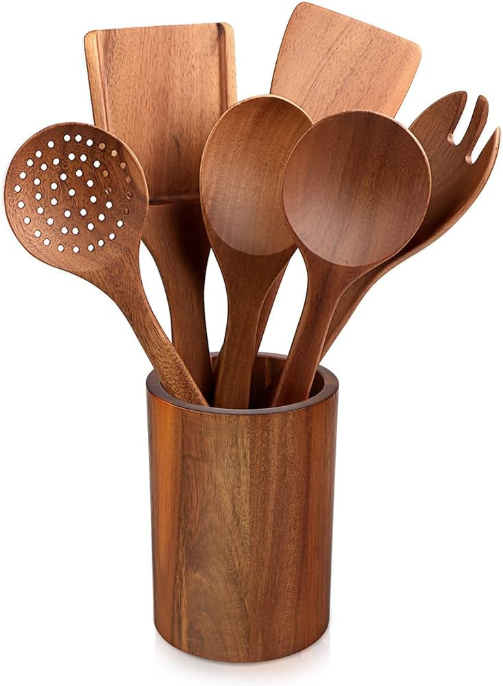 Acacia Wood Utensils Set with Holder 7Pcs,Nonstick Wooden Kitchen Utensil Set,Wooden Spoon Set in... | Amazon (US)