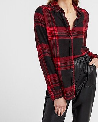 Plaid Button-Up Flannel Shirt Red Women's XL | Express