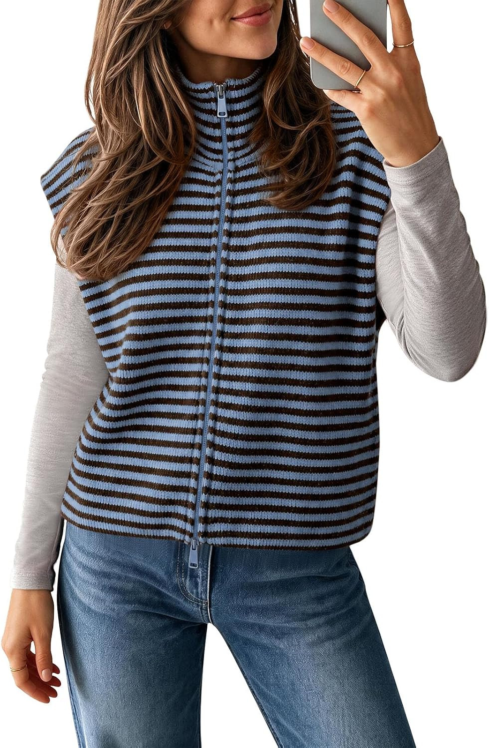 Saodimallsu Women Striped Cardigan Sweater Vest Fall Zip Up Knit Summer Top | Amazon (US)