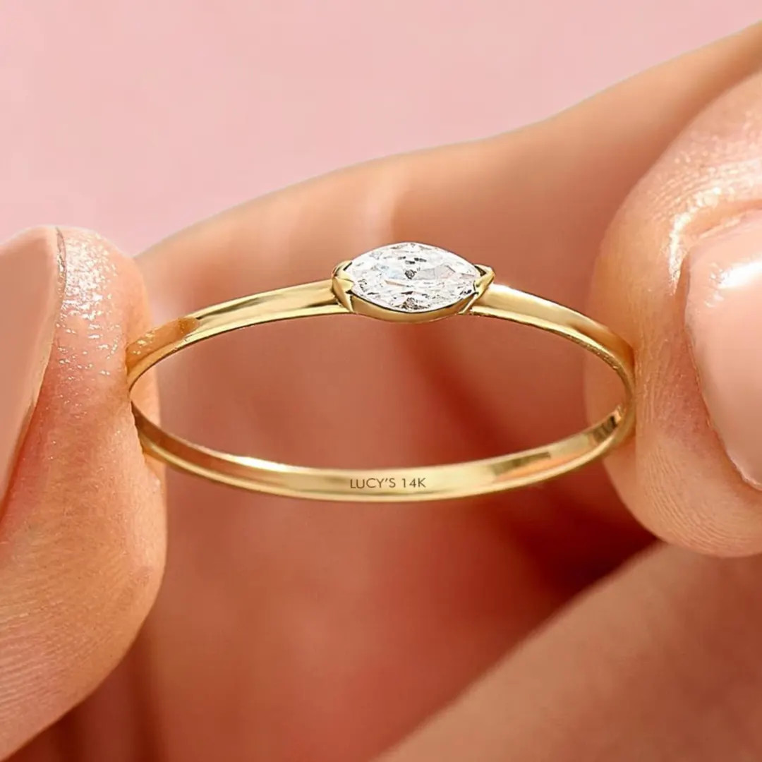 14k Solid Gold Marquise Diamond Ring, Tiny East-West Solitaire for Women, Minimalist Handmade Pro... | Etsy (US)