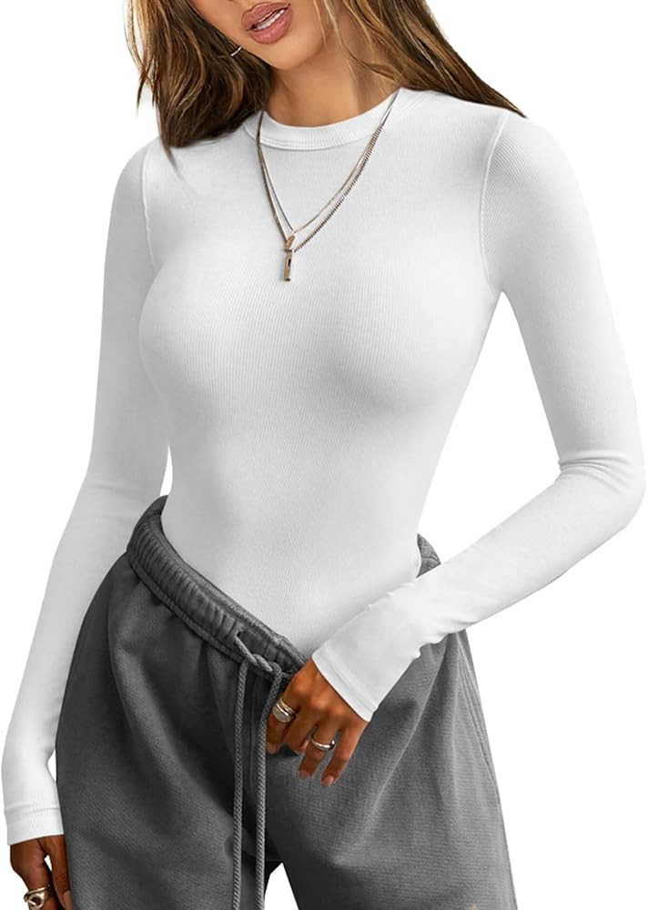 Women Long Sleeve T Shirts Crew Neck Ribbed Top for Women Going Out Workout Basic Tight Tee Fitte... | Amazon (US)