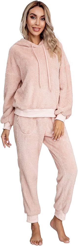 SIAEAMRG Womens Fuzzy Sherpa Fleece Pajamas Set, Long Sleeve Hoodies Pajama Pants 2 Piece Outfits... | Amazon (US)