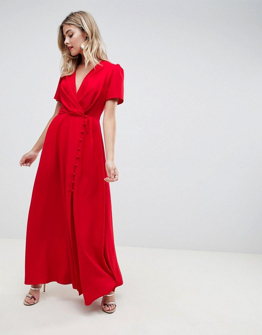 ASOS DESIGN button through maxi tea dress - Red | ASOS US