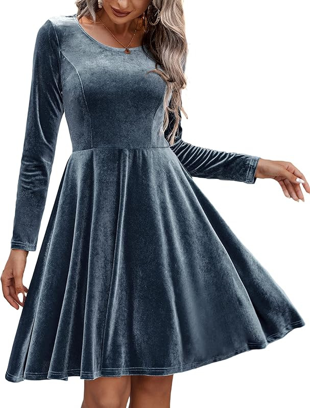 Chigant Women's Velvet Dress Long Sleeve Velvet Cocktail Party Dresses Flare Swing Mini Prom Dress f | Amazon (US)