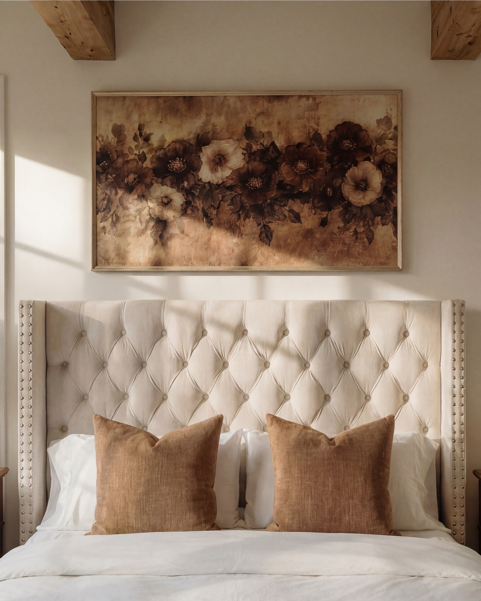 Shop the Look: Bedroom Refresh
This bedroom feels warm, serene, and quietly luxurious. Soft neutrals and natural wood tones create balance, while the tufted headboard and layered textiles add depth and comfort. Exposed ceiling beams bring architectural character, grounding the space in an elevated rustic elegance.

The symmetry of the layout—paired nightstands, lamps, and ottomans—keeps the room feeling calm and intentional. Subtle brass accents and warm browns give it a refined, timeless finish.

Shop the Look:
• Upholstered tufted bed (cream or ivory)
• Neutral upholstered bench or bed frame base
• Wooden nightstands (medium warm wood)
• Table lamps (white shade, brass base)
• White bedding (duvet + sheets)
• Brown textured throw blanket
• Neutral accent pillows (tan or camel)
• Framed floral artwork (warm brown tones)
• Quilted round ottomans (cream)
• Brass ottoman bases
• Vintage-style area rug (neutral pattern)
• Exposed wood ceiling beams
• Decorative bowl or small tray on nightstand
• Wood decor beads

#LTKsale #LTKhome #LTKstyletip