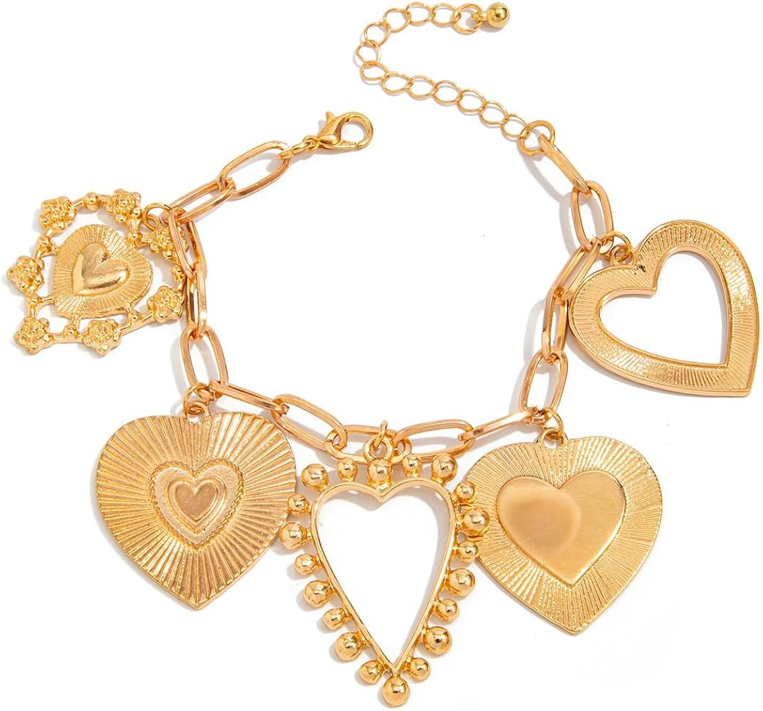PLOUTOS Mixed Heart Charms Tag Open Outline Beaded Edge Faceted Chunky Link Bracelet For Women St... | Amazon (US)