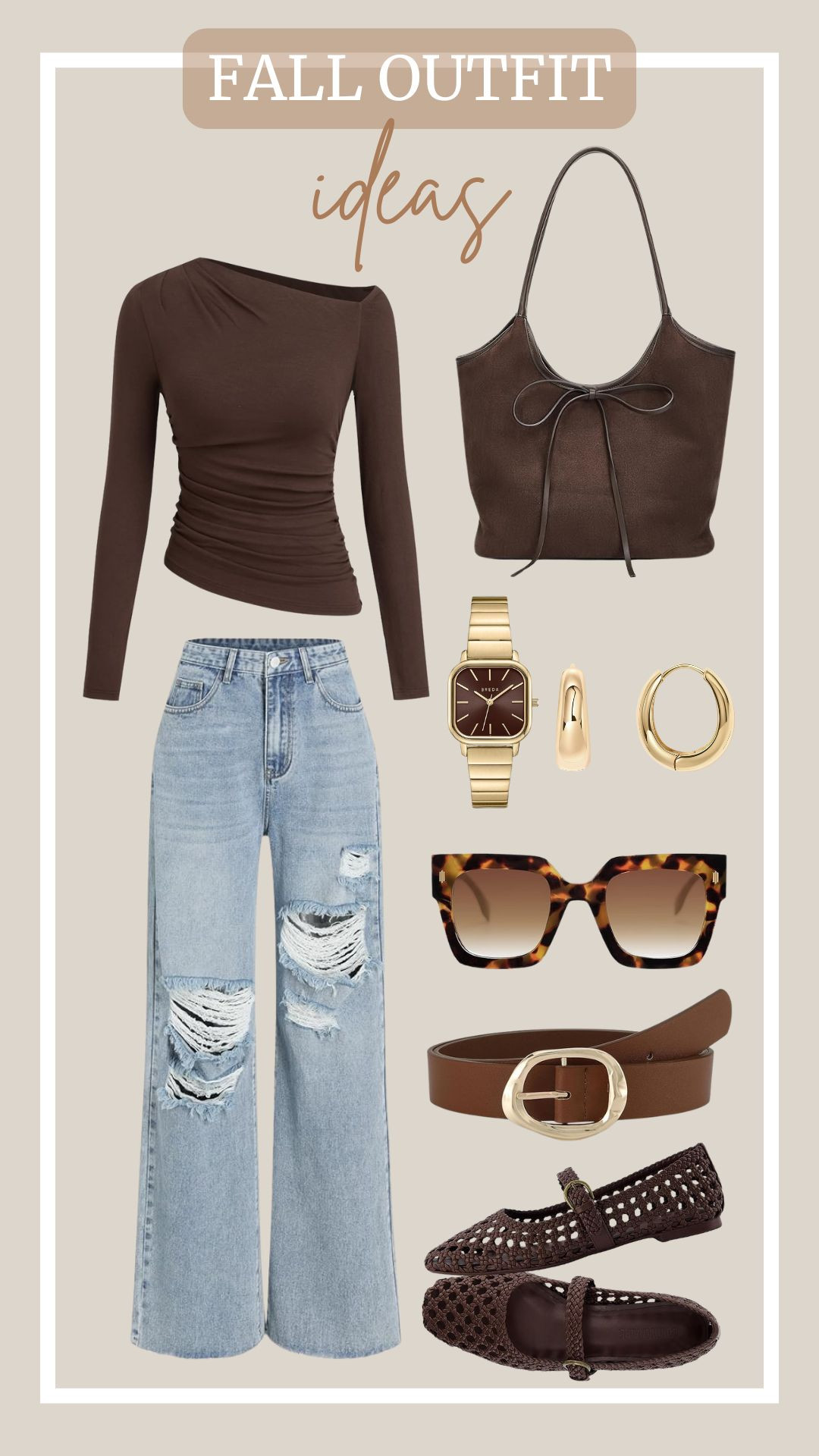 Layer up in style with these easy fall outfit ideas. Get the look.

oversized square sunglasses, ripped high waisted distressed pants, gold bracelet watch, off the shoulder top, leather belts, woven ballet flats, vintage French bow tote bag, gold plated chunky hoops earrings  

 #LTKootd #LTKSeasonal #LTKMidsize
