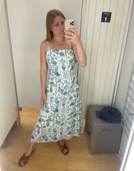 Blue tropical Greece print linen dress. Blue and white summer dress under $25  
