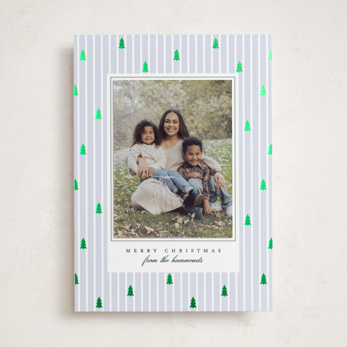 "Stripe Trees" - Customizable Foil-pressed Holiday Photo Mount Cards in Blue by Everett Paper Goo... | Minted