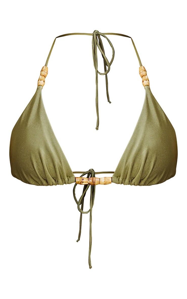 Olive Wooden Bead Triangle Bikini Top | PrettyLittleThing US