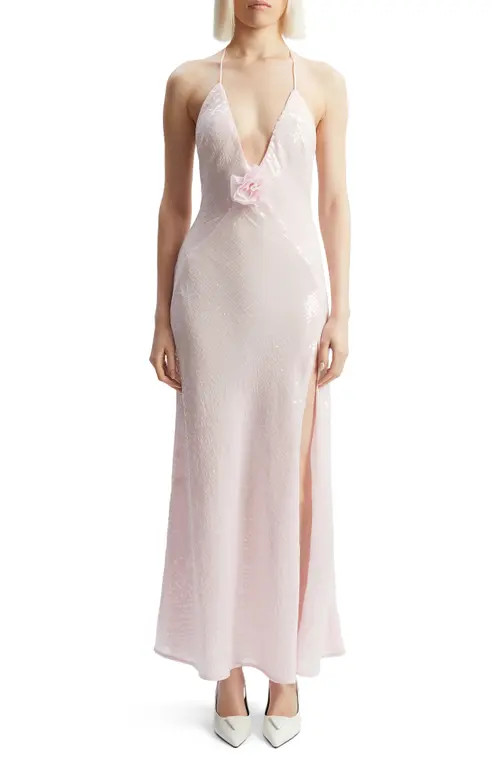 Bardot Aradia Rosette Sequin Plunge Halter Gown in Light Pink at Nordstrom, Size 10 | Nordstrom