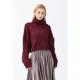 Turtleneck Braid Knit Crop Sweater in Berry | Chicwish