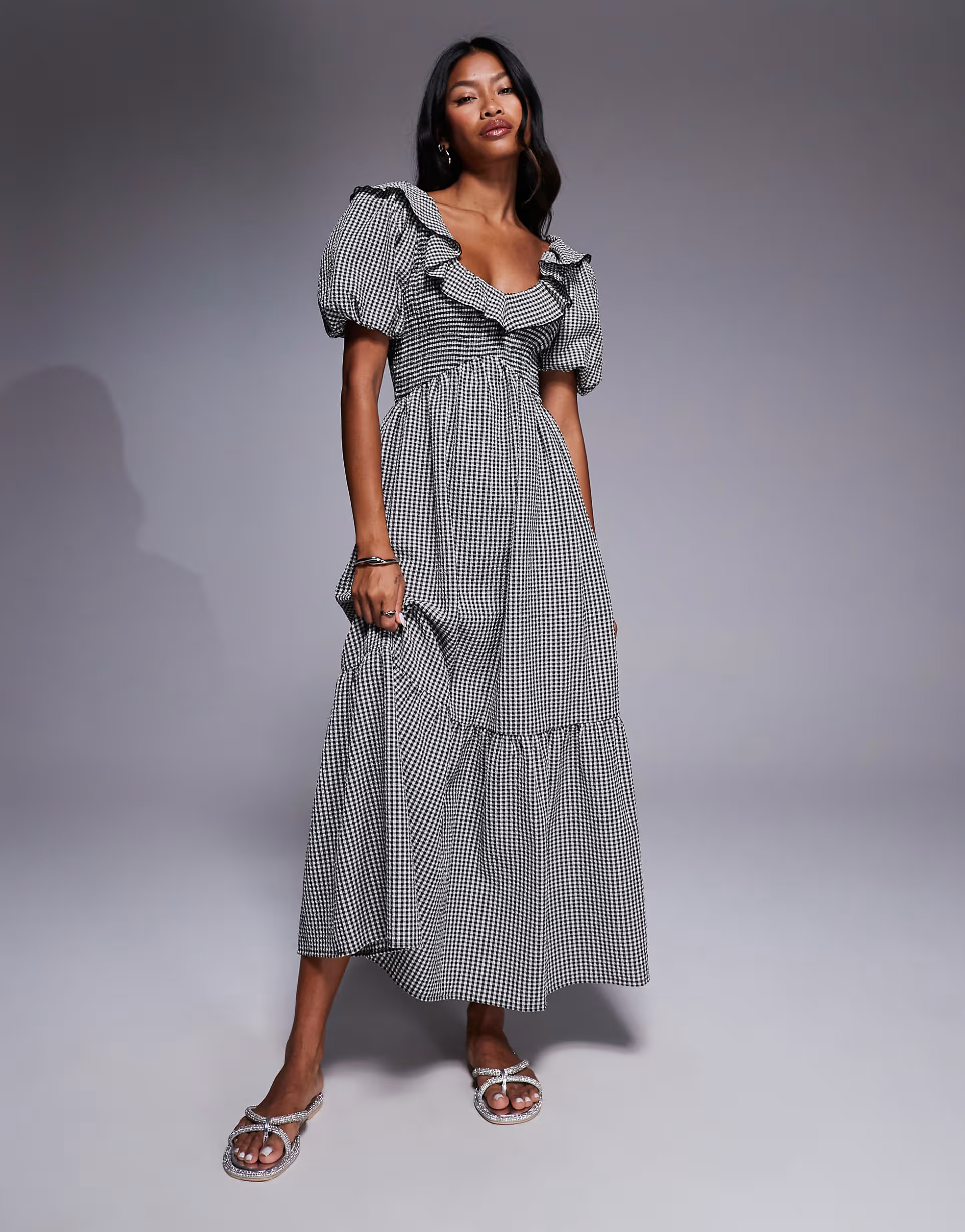 River Island petite v neck frill midi dress in black | ASOS | ASOS (Global)