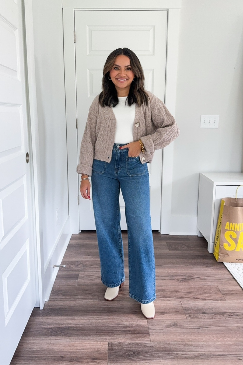 Cable crop cardigan size XS TTS 
Vintage patch pocket wide leg jeans size 26 TTS I recommend a low heel or platform sneaker! 
White booties size 5.5 TTS

NORDSTROM SALE 
NSALE 
Airport outfit 
Teacher outfits 
Fall outfits 
Boots 

Honey Sweet Petite 
Honeysweetpetite

#LTKxNSale #LTKStyleTip #LTKSaleAlert