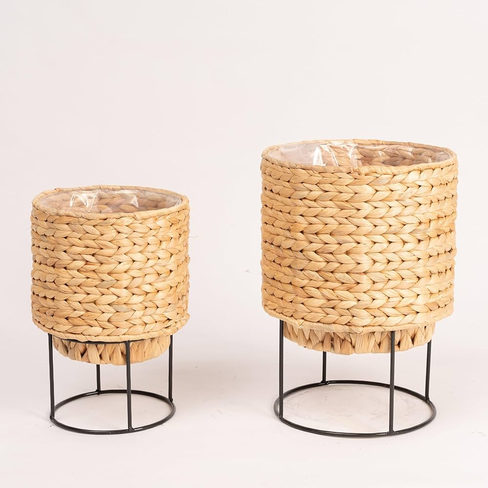 Set of 2 Water Hyacinth Planter Pot with Metal Stand Indoor for Plant, Flower Pots, Succulent Pot... | Amazon (US)