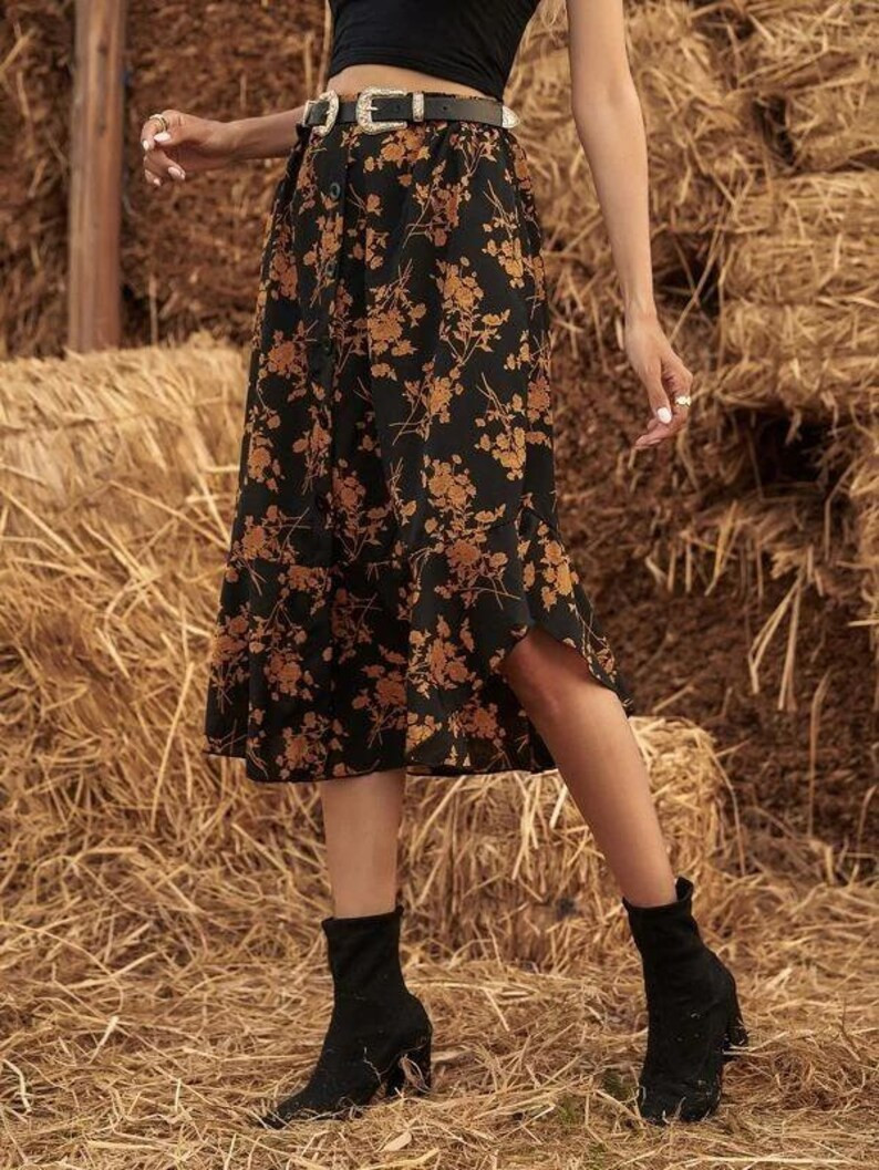 Women Boho Skirt Floral Print Ruffle Hem Skirt Flower Skirt | Etsy | Etsy (US)