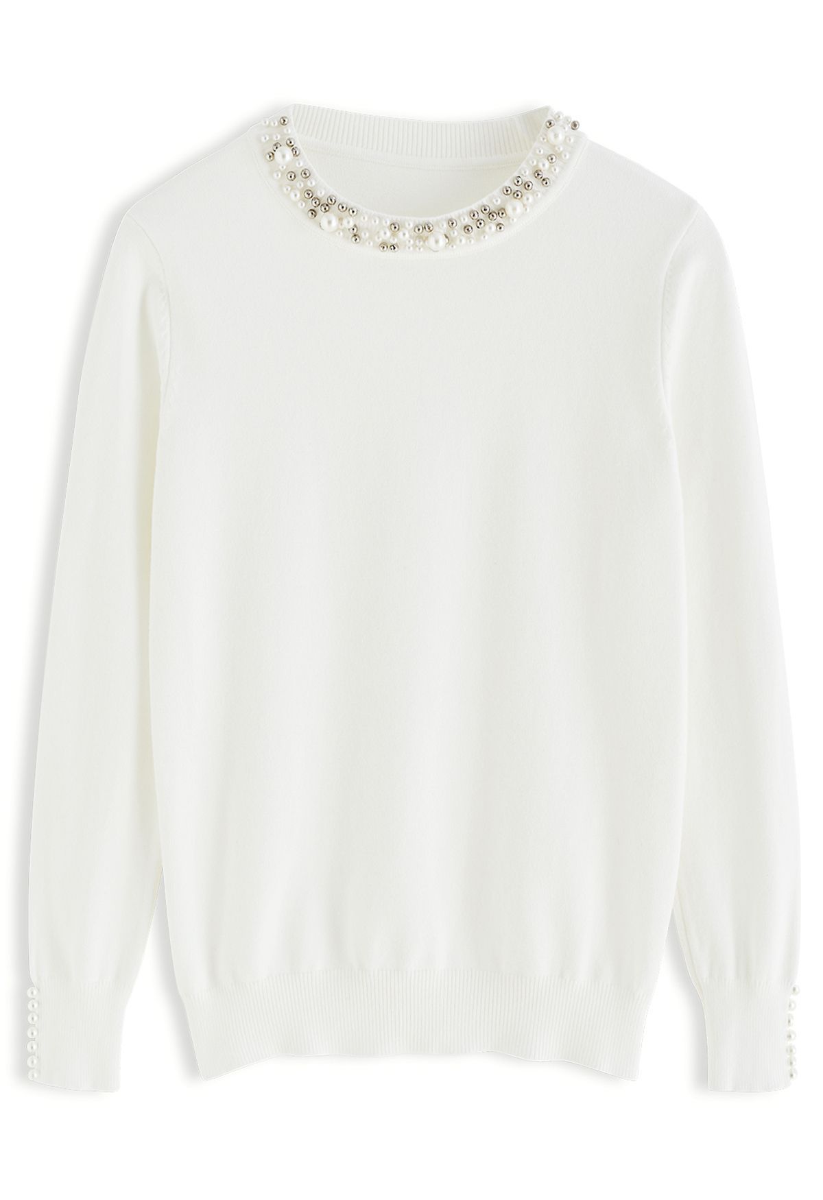 Pearl Trimmed Soft Knit Top in White | Chicwish