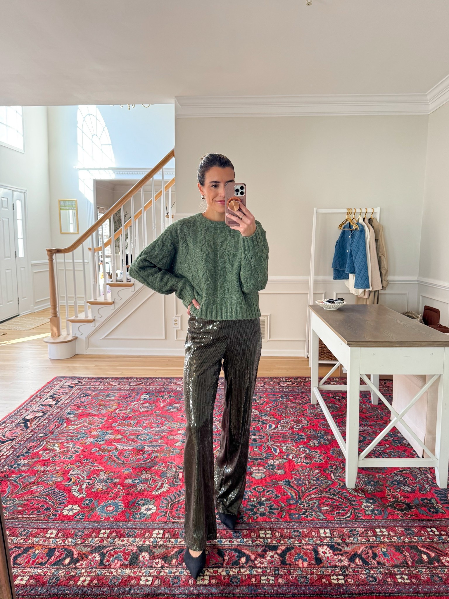 Sequin pants size XS 
Sweater size small 

#LTKFindsUnder100