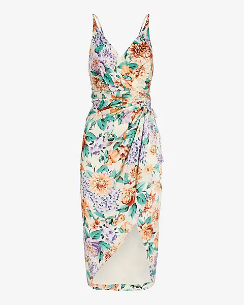 Floral Satin Twist Waist Hi-Lo Midi Dress | Express