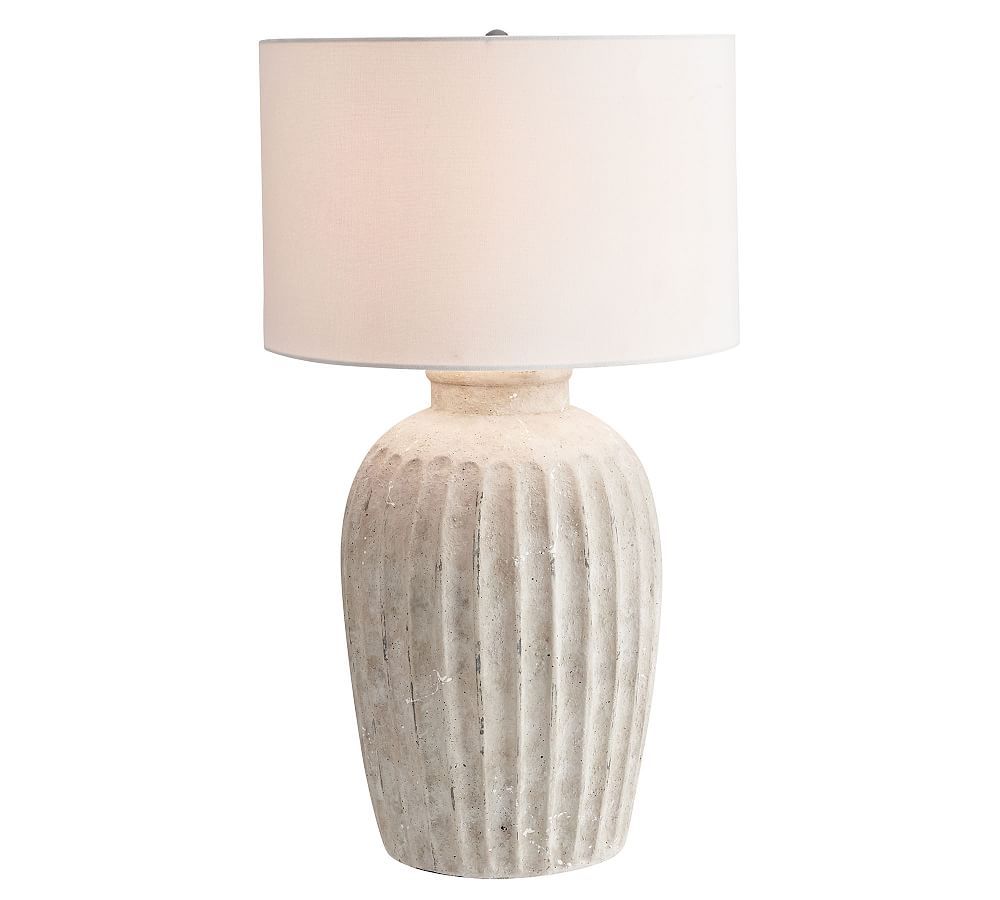 Anders Terra Cotta 31"" Round Table Lamp, Rustic White Base With Large Gallery Stright-Sided Linen D | Pottery Barn (US)
