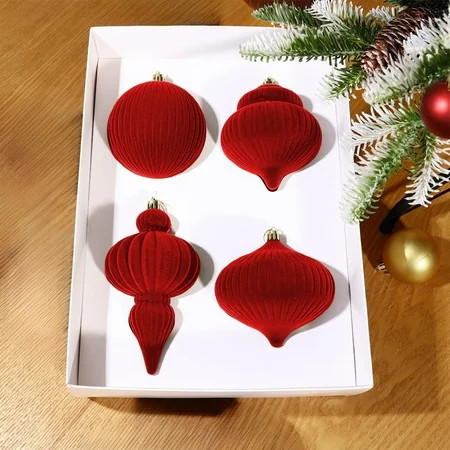 Set of 4 Flocked Christmas Ball Ornaments Red - Velvet Finish Holiday Tree Decorations with Festive Shimmer | Walmart (US)
