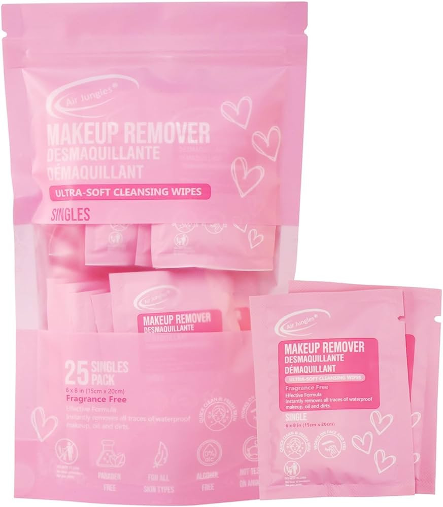 Air Jungles Makeup Remover Wipes Single Individully Wrapped 25 Ct, Mini Travel Size for Cleansing... | Amazon (US)