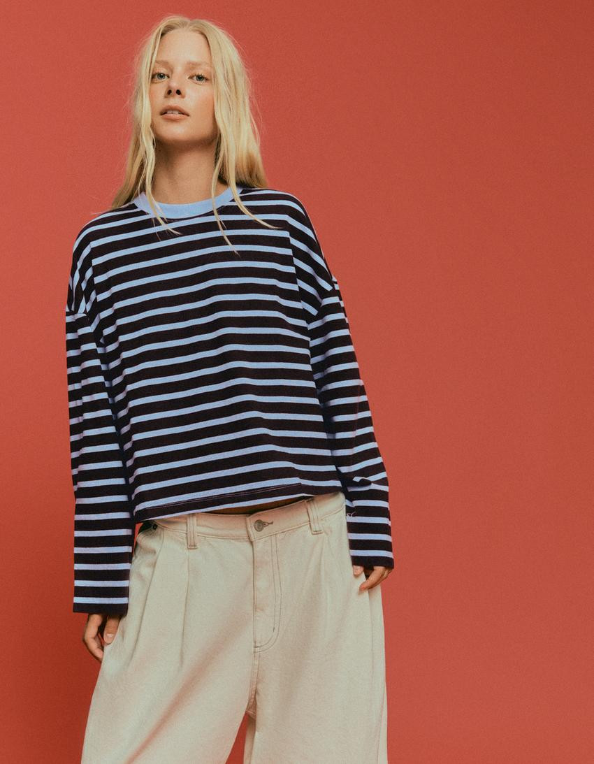 Striped boxy long sleeve T-shirt | Bershka UK