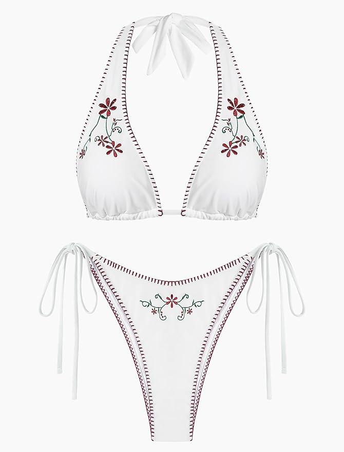 ZAFUL Women's Triangle Bikini Multiway Fishnet Tie Side Bandeau Halter String Bikini Set Two Piec... | Amazon (US)