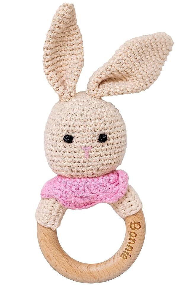 Personalized Baby Rattle with Name | Crochet Animals Bunny Rattle & Wooden Teether Ring | New Bab... | Amazon (US)
