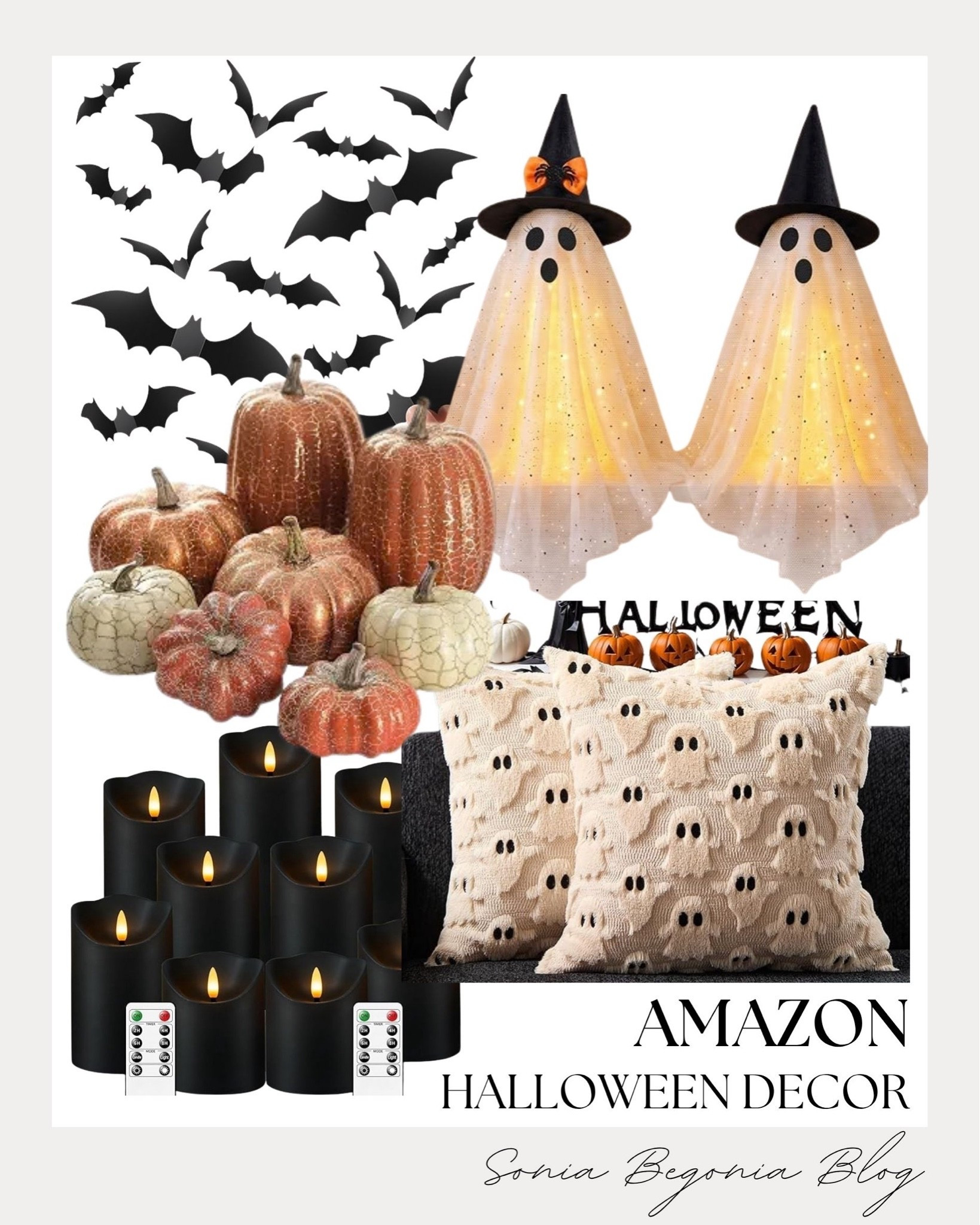 Amazon Halloween home decor! 👻

I selected festive seasonal pieces including light-up ghost figures, textured ghost throw pillows, black flameless candles, and 3D bat wall decals.

I added rustic faux pumpkins and a pumpkin garland to create a spooky home setup. 🎃✨

#AmazonHome #HalloweenDecor #SpookySeason #LTKhome #FallDecor #HalloweenInspo #CozyHome #HomeStyling

#LTKSeasonal #LTKHome