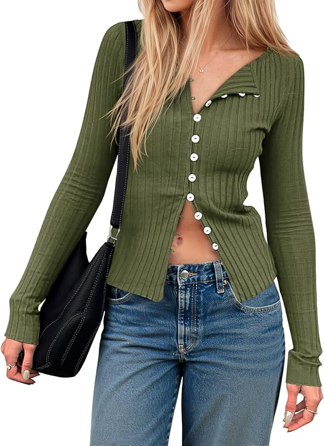 Womens Cardigans Button Down Long Sleeve Ribbed Shirts Cute Lighweight Fitted Y2K Fall Tops | Amazon (US)
