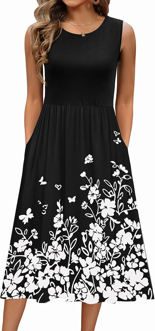 Zeagoo Women's Summer Tank Midi Dress with Pockets Floral Sleeveless A-Line Casual Loose T-Shirt ... | Amazon (US)