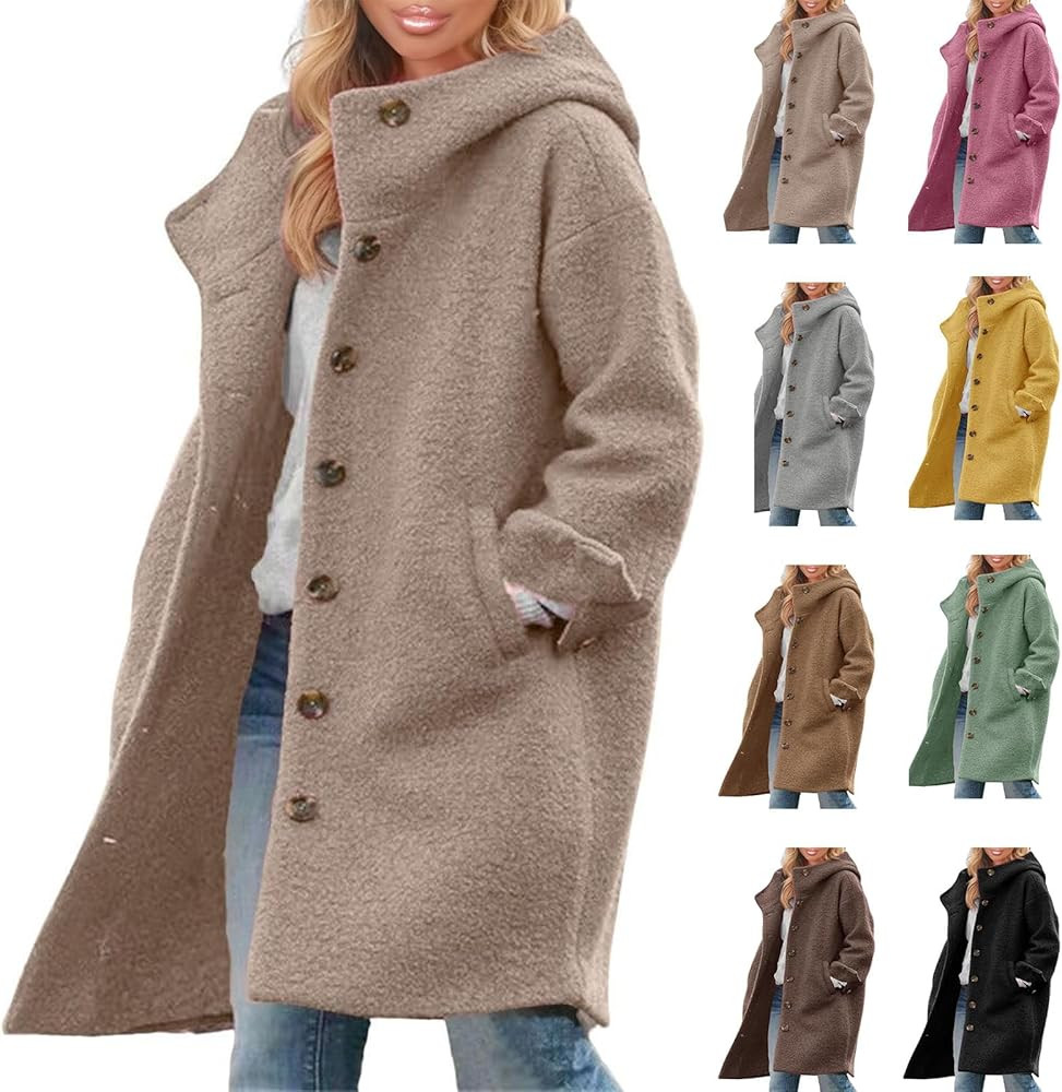 Wool Coats for Women, Winter Single Breasted Long Wool Coat with Hooded Casual Blend Jacket for W... | Amazon (US)