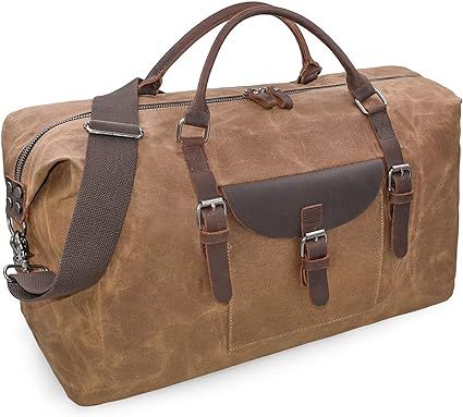 Oversized Travel Duffel Bag Waterproof Canvas Genuine Leather Weekend bag Weekender Overnight Car... | Amazon (US)