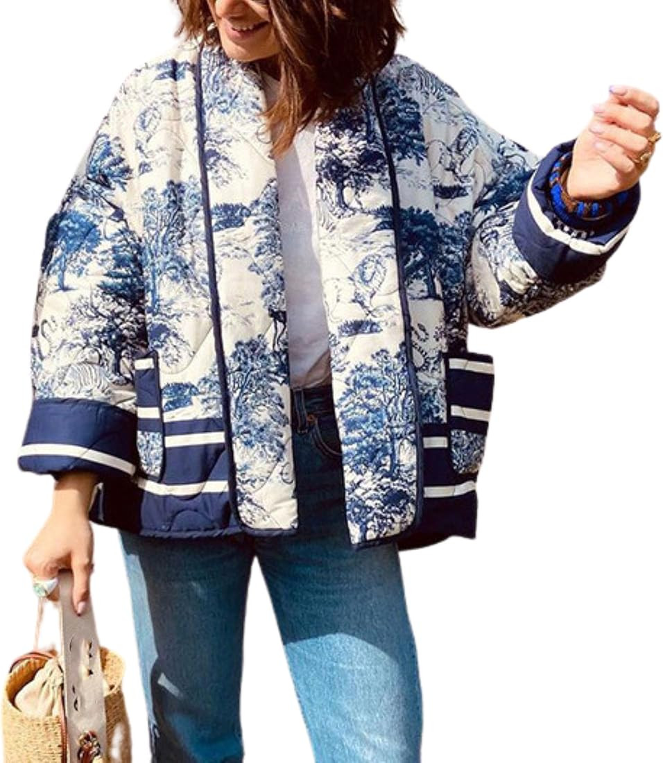 Meyhad Womens Cropped Quilted Lightweight Jackets Floral Printed Open Front Puffer Coat Cardigan | Amazon (US)