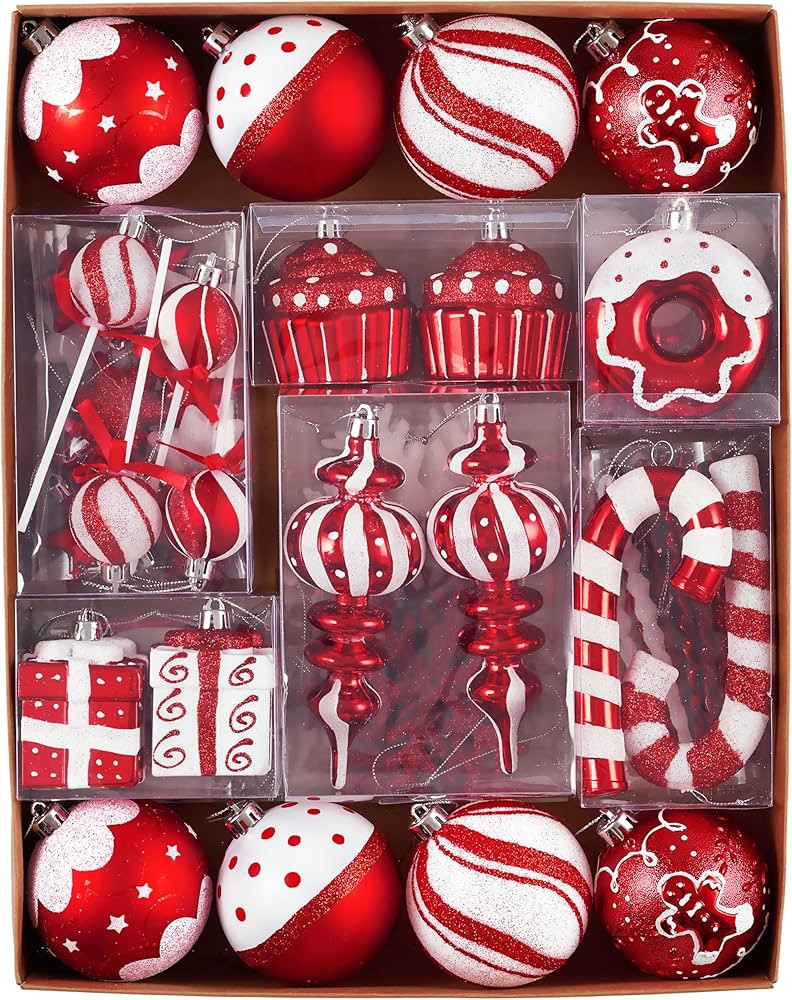 Valery Madelyn Christmas Ball Ornaments Set, 80ct Candy Cane Red and White Shatterproof Christmas... | Amazon (US)