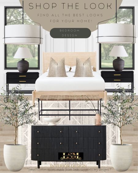 Modern farmhouse, transitional bedroom design idea. Recreate the look with these furniture and decor finds! Black dresser, black night stand, wood bed frame, beige throw pillow, leather bench, black table lamp, beige bedroom rug, terracotta tree planter pot, realistic fake tree, bedroom modern chandelier.

#LTKstyletip #LTKhome #LTKFind