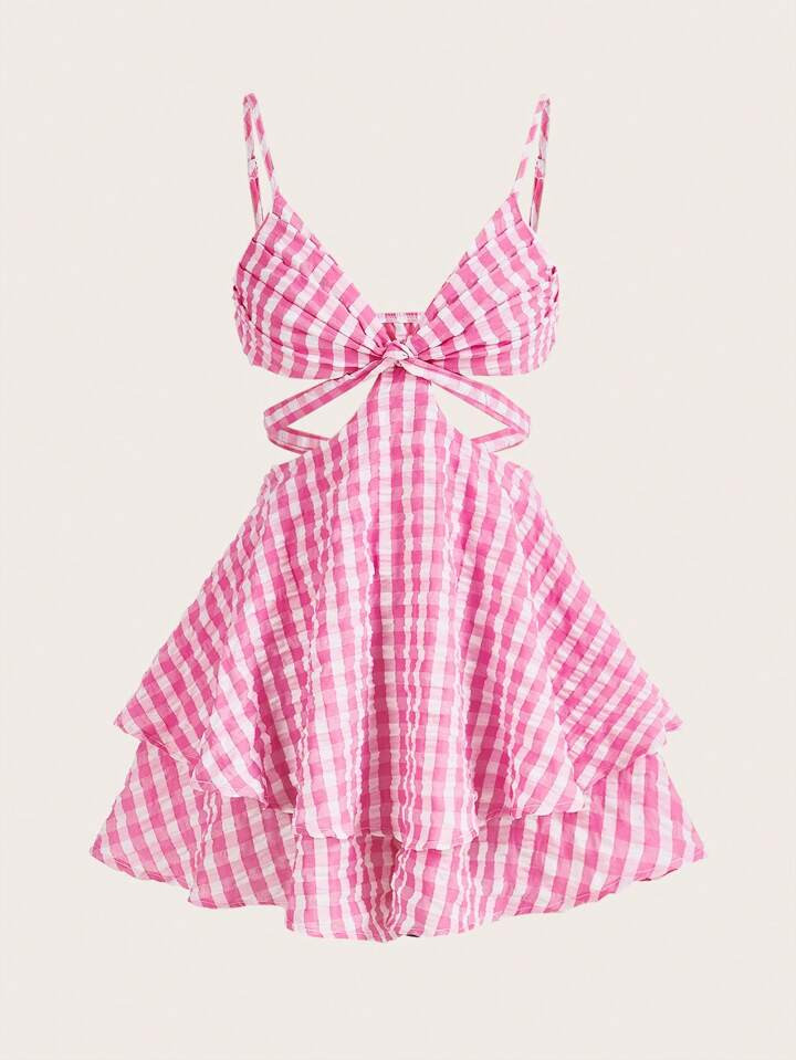 SHEIN VCAY Gingham Print Cut Out Waist Cami Romper | SHEIN