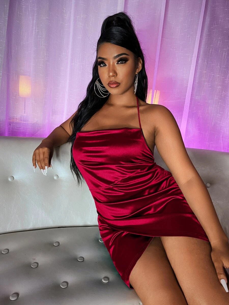 Plus Knot Backless Satin Halter Dress | SHEIN