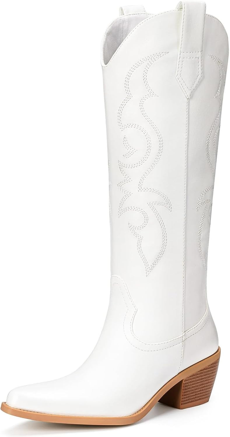 White Cowboy Boots for Women - Wide Calf Rhinestone Cowgirl Boots, Women Knee High Western Boots, Glitter Sparkly Ladies Tall Boots with Classic Embroidery and Side Zipper, Retro Classic Country Boots Pull On for Ladies | Amazon (US)