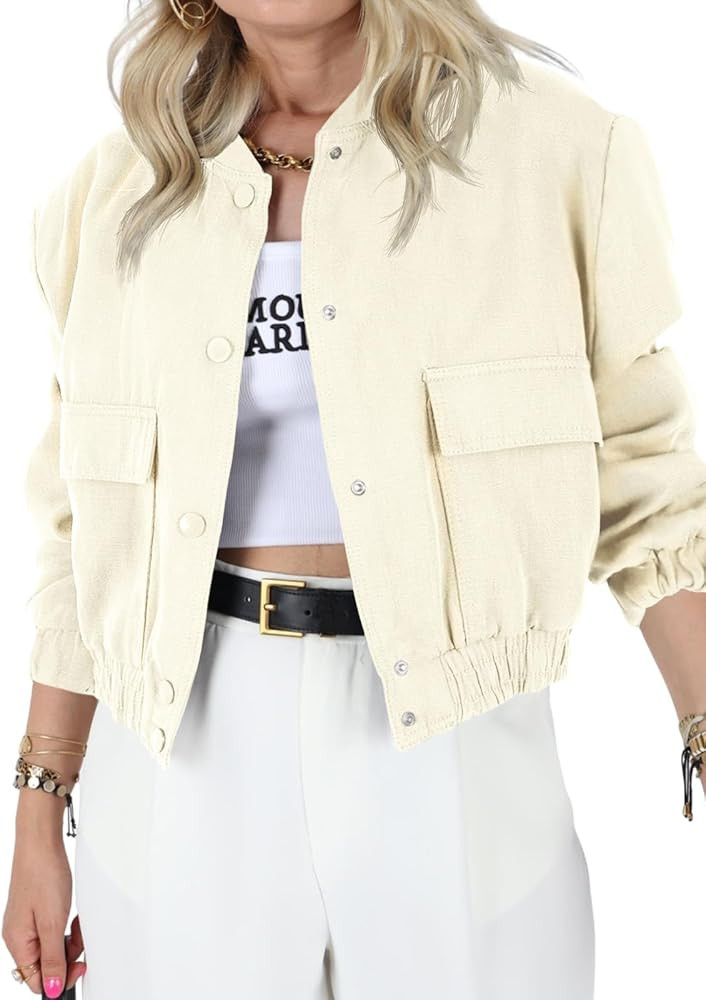 Tankaneo Womens Cropped Bomber Jackets Button Down Long Sleeve Fall Casual Coats with Pockets | Amazon (US)
